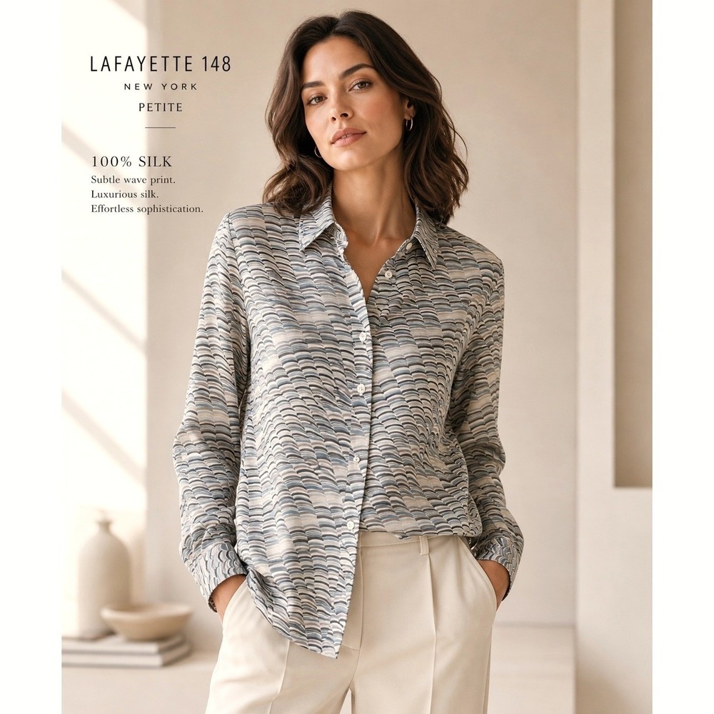 Lafayette 148 NY 100% Silk Petite Wave Print Button Up Blouse Women's 10